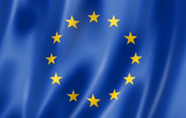 European union flag, three dimensional render, satin texture